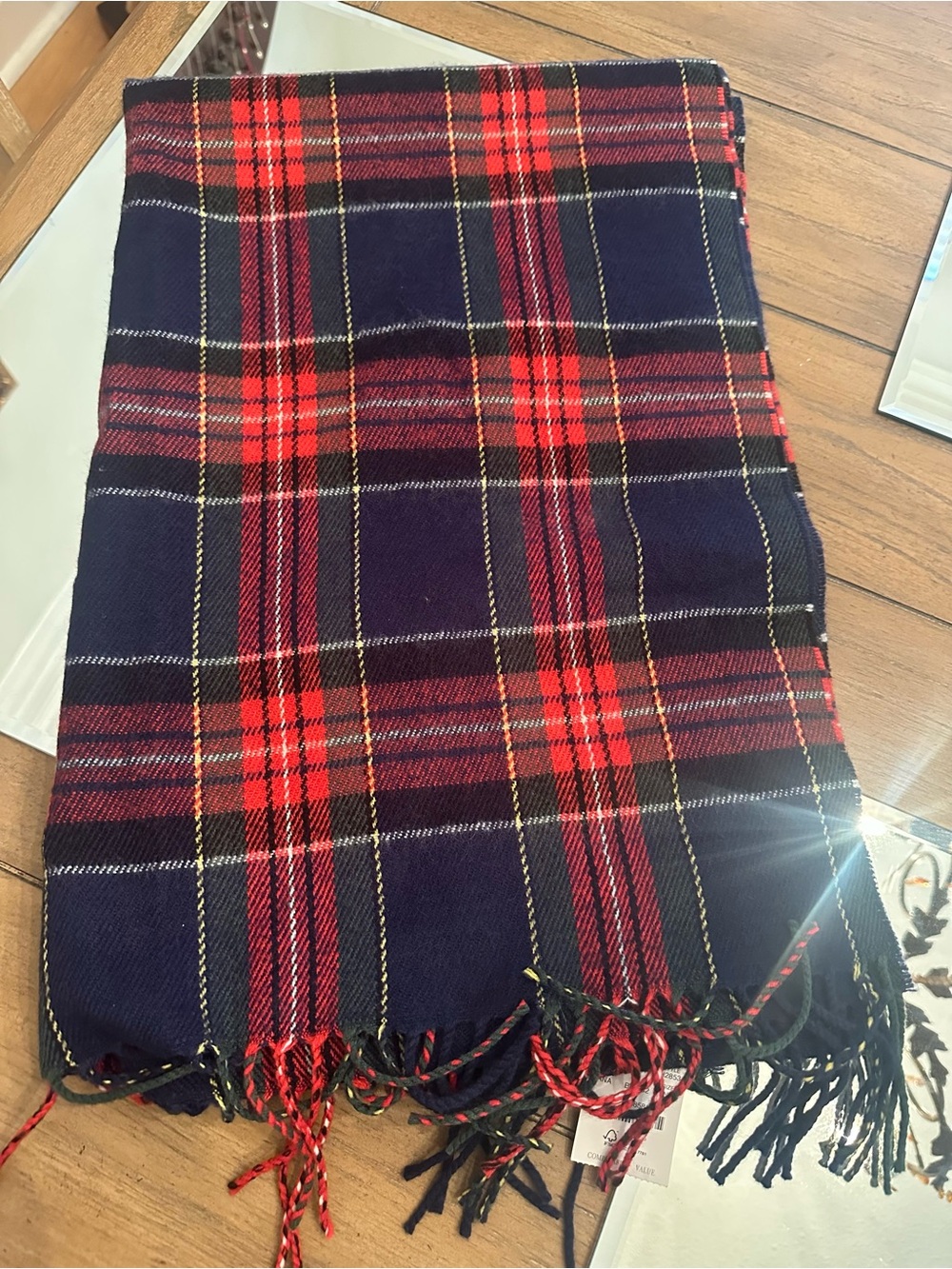 J. Crew Navy and Red Tartan Scarf with Fringe